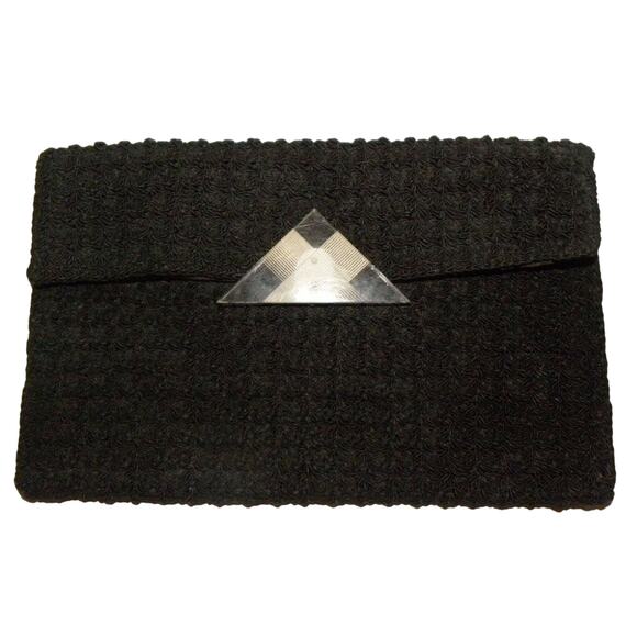 40's Large Black Cordé Envelope Clutch Bag w Lucite Decorative Clasp - Picture 2 of 10